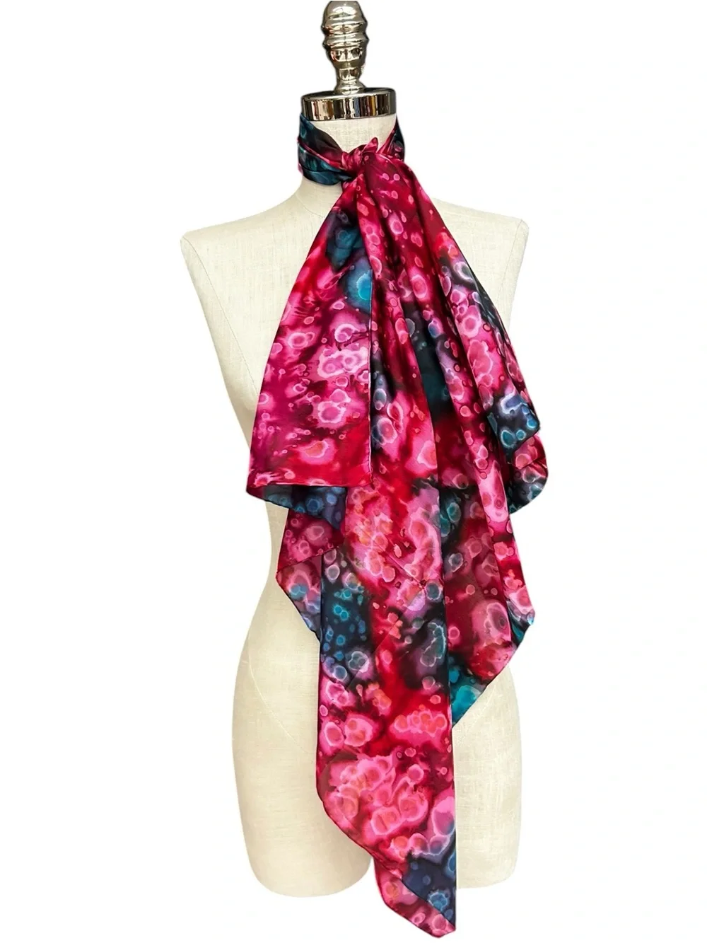 Pure Silk Abstract Pink Blue Scarf Square Magenta and Purple Watercolor Dots